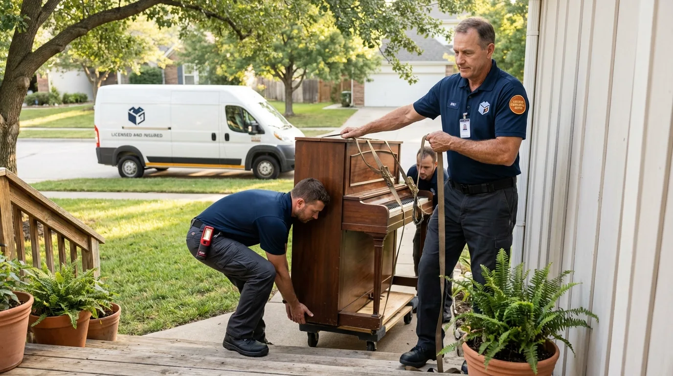 Licensed piano movers securing grand piano in Superior, AZ